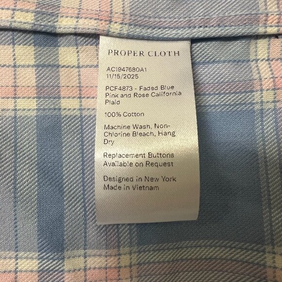 $165 Proper Cloth California Plaid Shirt XL Faded Blue Pink Rose 100% Cotton - Picture 8 of 9